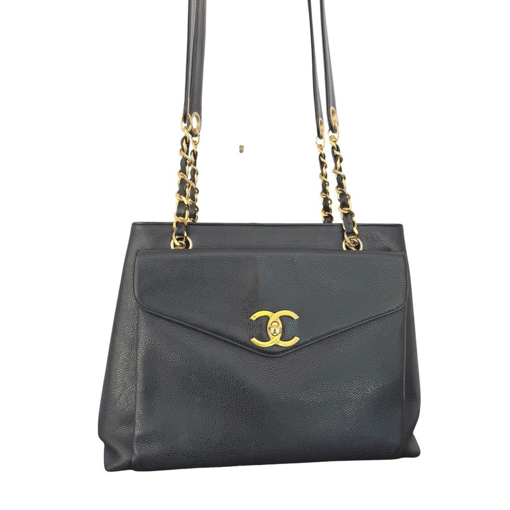CHANEL Vintage Black Caviar Leather CC Shoulder Tote Bag Gold Hardware